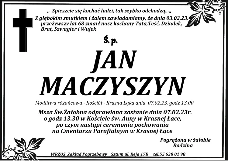 Zmarł Jan Maczyszyn. Żył 68 lat.