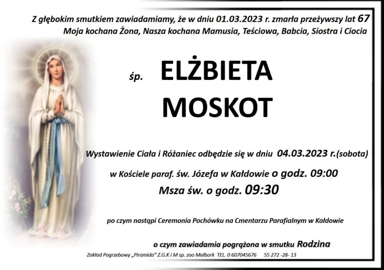 Zmarła Elżbieta Moskot. Miała 67 lat. 