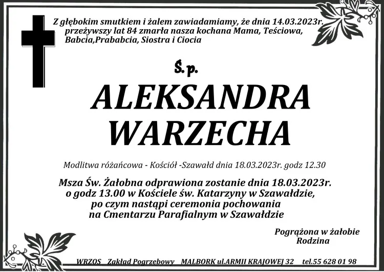 Zmarła Aleksandra Warzecha. Żyła 84 lata.