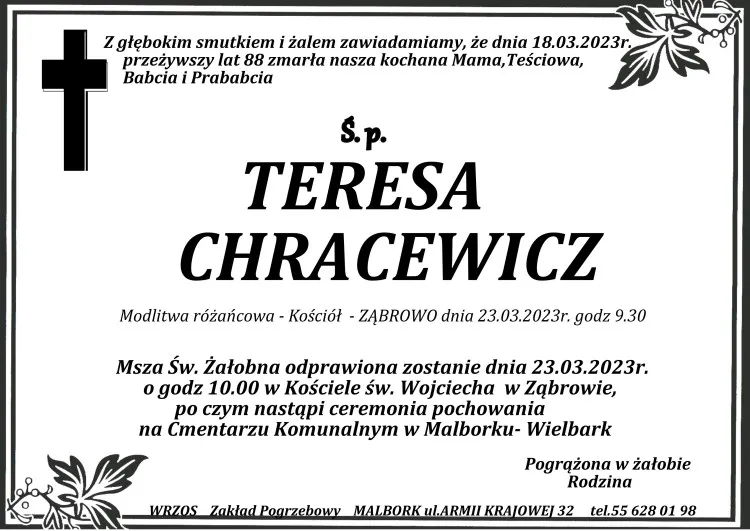 Zmarła Teresa Chracewicz. Żyła 88 lat.