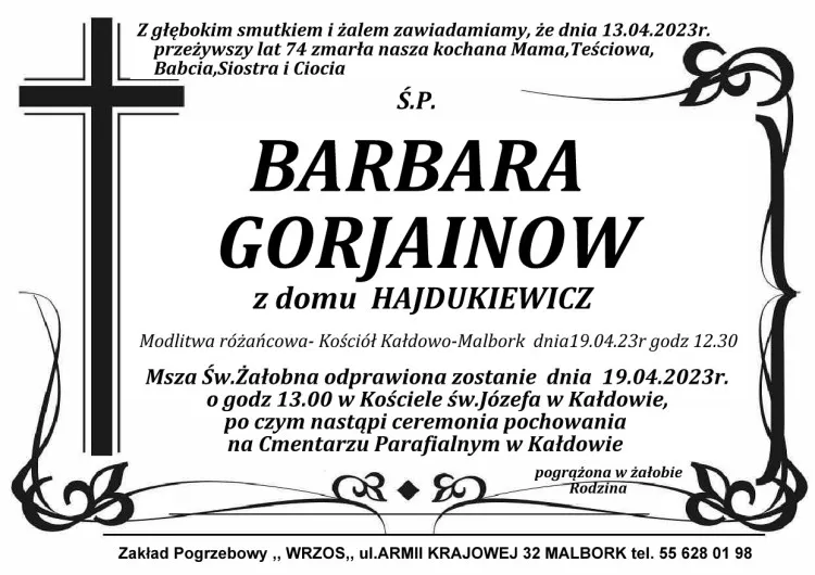 Zmarła Barbara Gorjainow. Miała 74 lata.