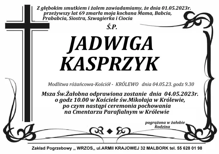 Zmarła Jadwiga Kasprzyk. Miała 69 lat.