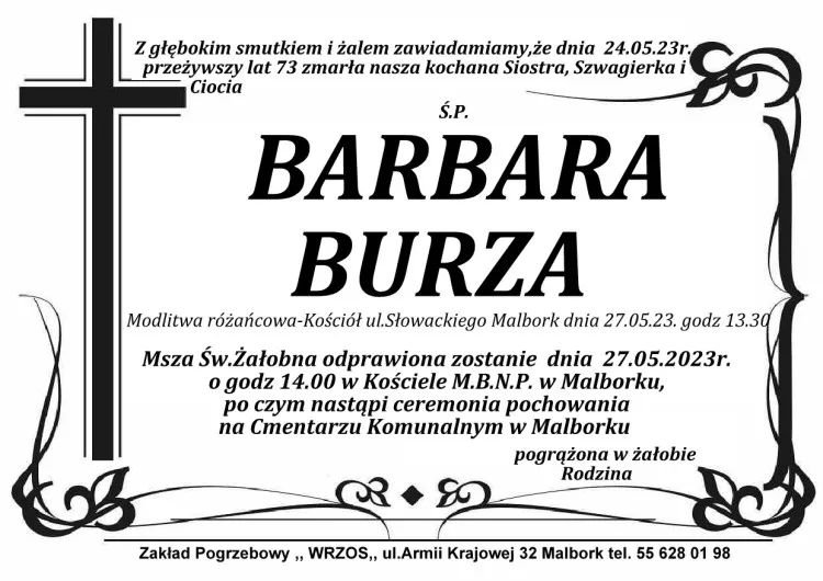 Zmarła Barbara Burza. Miała 73 lata.