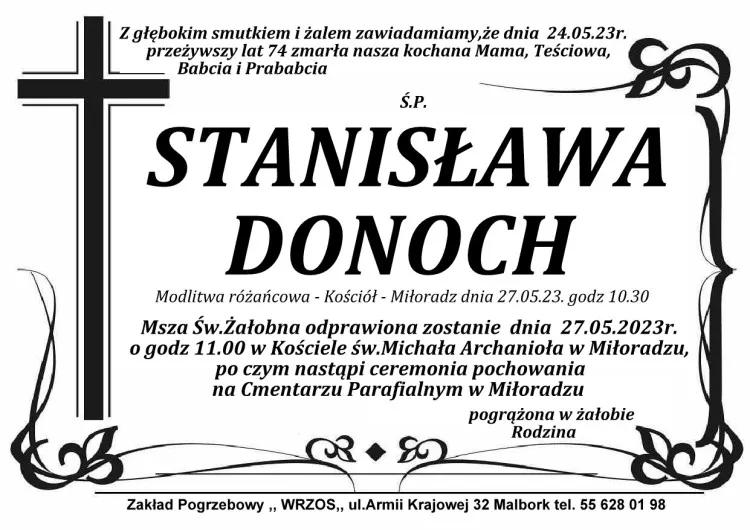 Zmarła Stanisława Donoch. Miała 74 lata.