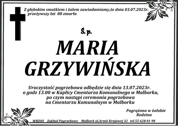 Zmarła Maria Grzywińska. Miała 88 lat.