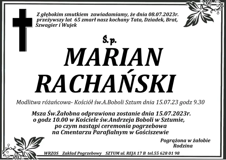 Zmarł Marian Rachański. Żył 65 lat.