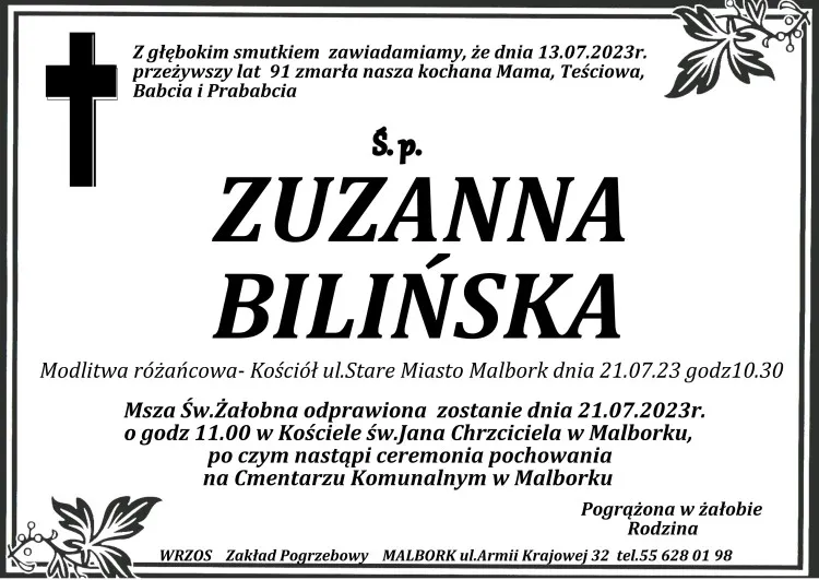 Zmarła Zuzanna Bilińska. Miała 91 lat.