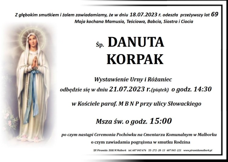 Zmarła Danuta Korpak. Żyła 69 lat.