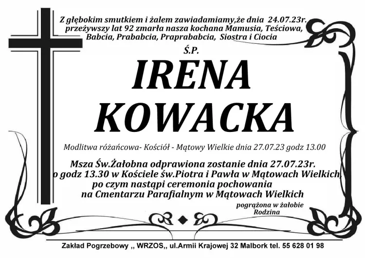 Zmarła Irena Kowacka. Żyła 92 lata.