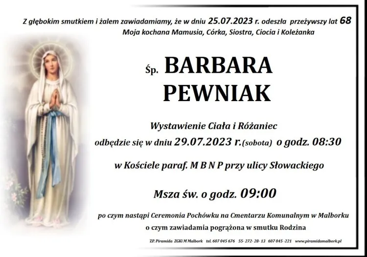 Zmarła Barbara Pewniak. Żyła 68 lat.