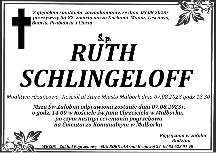 Zmarła Ruth Schlingeloff. Żyła 82 lata.