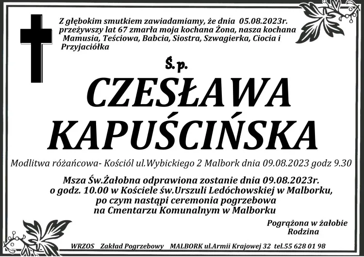 Zmarła Czesława Kapuścińska. Miała 67 lat.