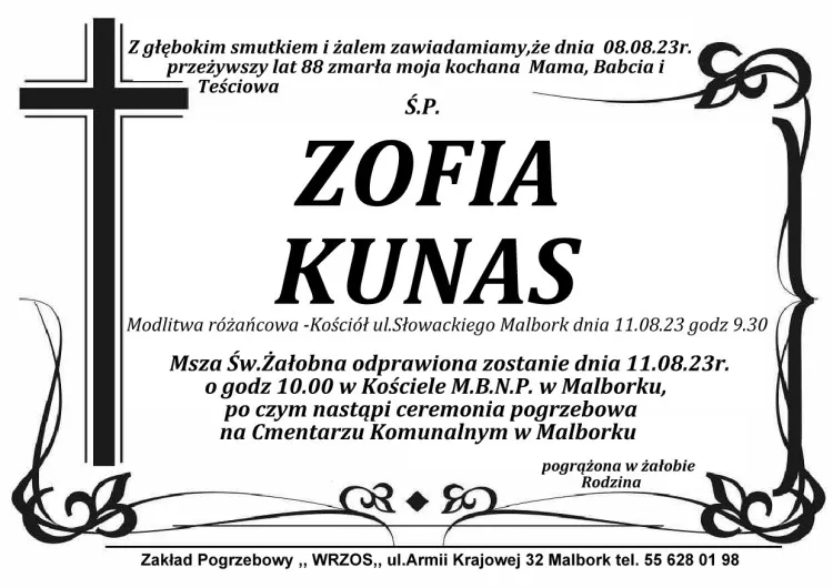 Zmarła Zofia Kunas. Miała 88 lat.