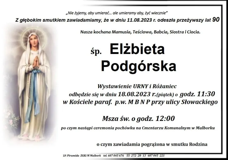 Zmarła Elżbieta Podgórska. Miała 90 lat.