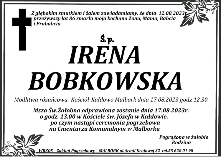 Zmarła Irena Bobkowska. Miała 86 lat.