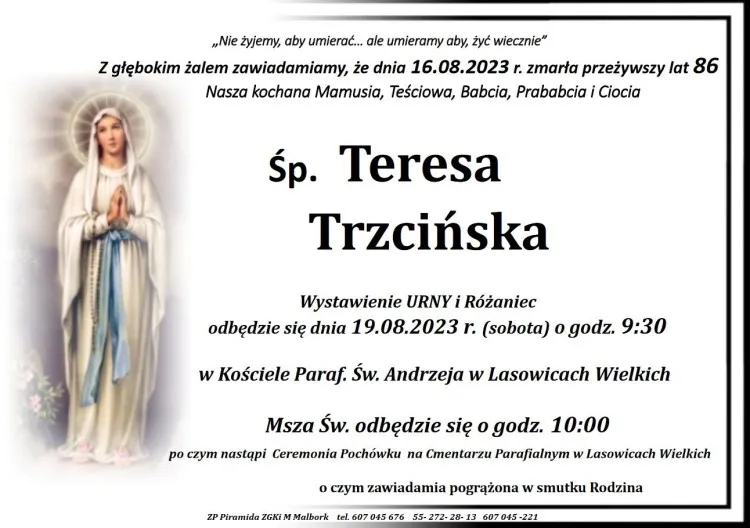 Zmarła Teresa Trzcińska. Żyła 86 lat.