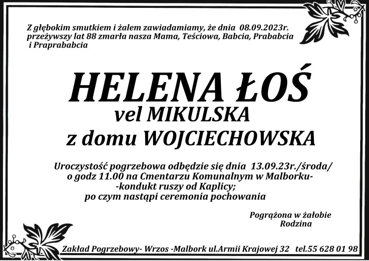 Zmarła Helena Łoś. Żyła 88 lat.