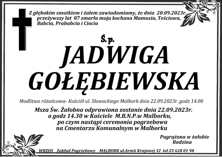 Zmarła Jadwiga Gołębiewska. Żyła 87 lat.