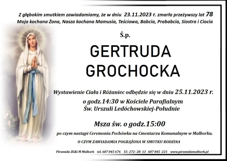 Zmarła Gertruda Grochocka. Żyła 78 lat.