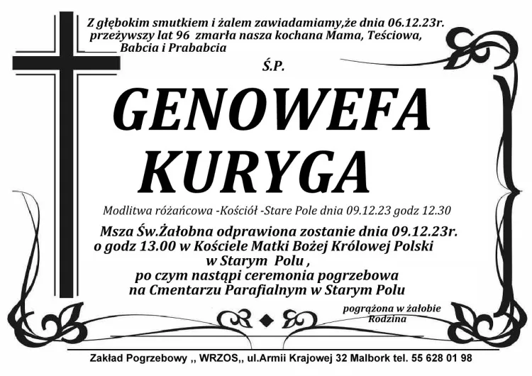 Zmarła Genowefa Kuryga. Miała 96 lat.