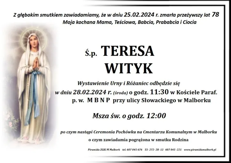 Zmarła Teresa Wityk. Miała 78 lat.