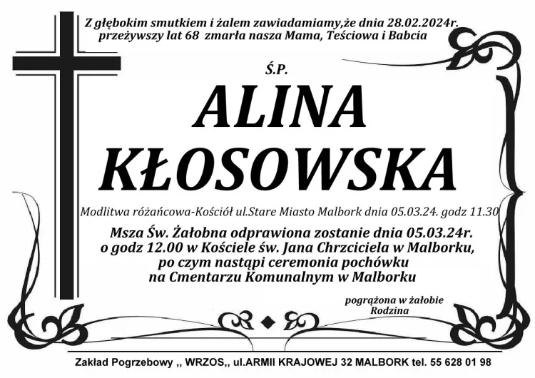 Odeszła Alina Kłosowska. Żyła 68 lat.