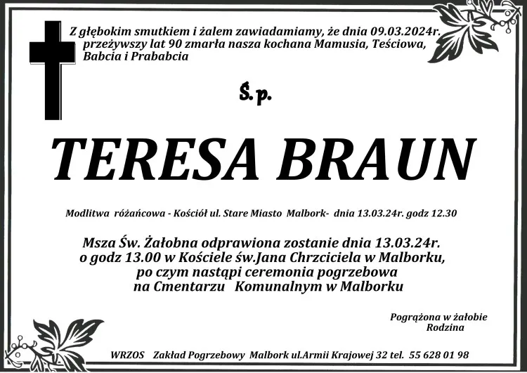 Zmarła Teresa Braun. Miała 90 lat.