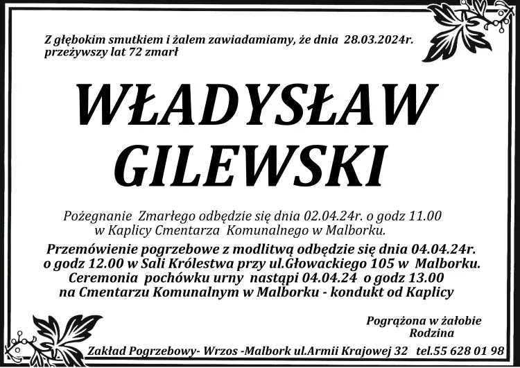 Zmarł Władysław Gilewski. Miał 72 lata.