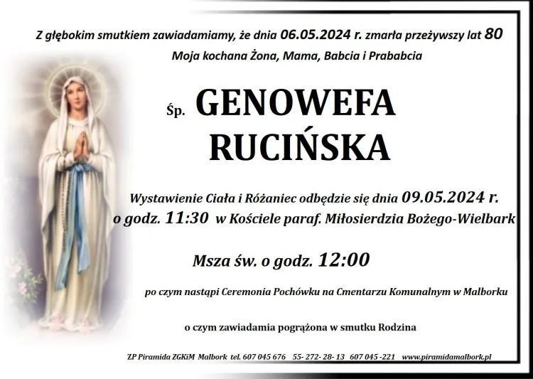 Odeszła Genowefa Rucińska. Żyła 80 lat.