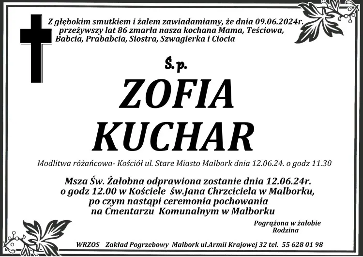 Zmarła Zofia Kuchar. Miała 86 lat.