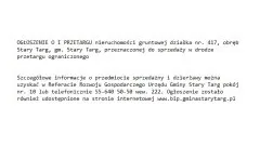 GMINA STARY TARG: OGŁOSZENIE O I PRZETARGU nieruchomości gruntowej działka&#8230;