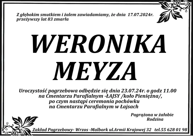 Zmarła Weronika Meyza. Miała 83 lata.