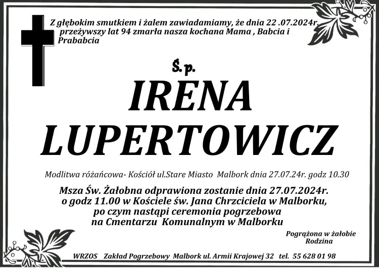 Zmarła Irena Lupertowicz. Żyła 94 lata.