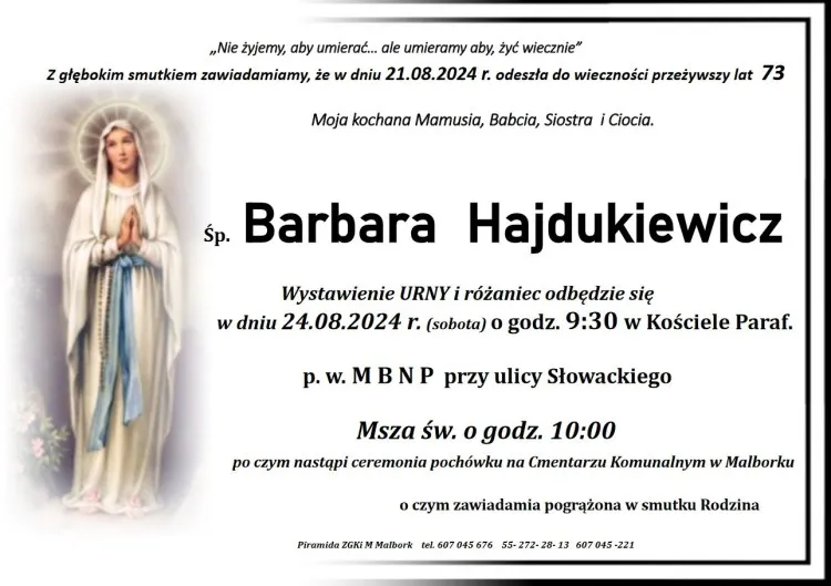 Zmarła Barbara Hajdukiewicz. Miała 73 lata.