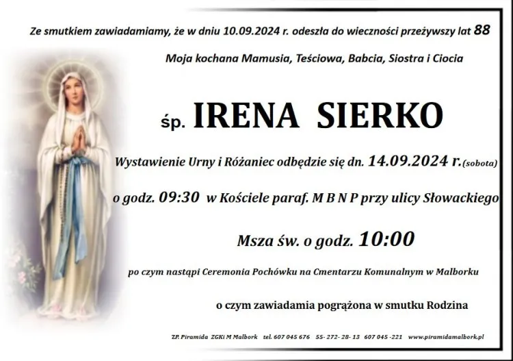 Zmarła Irena Sierko. Miała 88 lat.