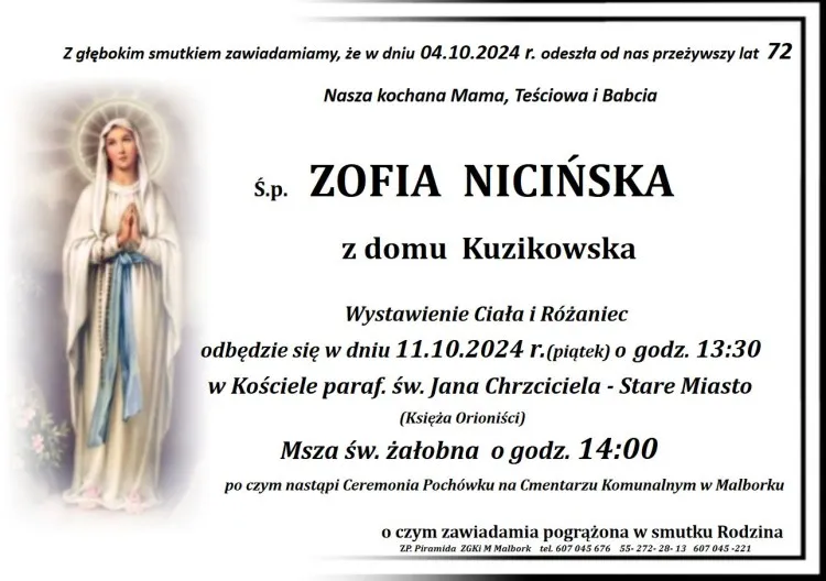 Zmarła Zofia Nicińska. Miała 72 lata. 