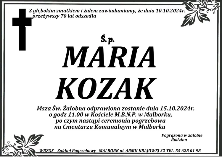 Zmarła Maria Kozak. Miała 70 lat.