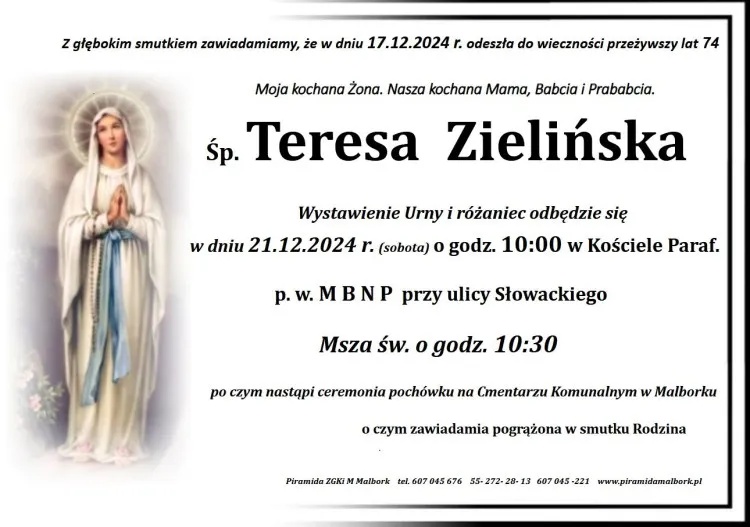 Zmarła Teresa Zielińska. Miała 74 lata.