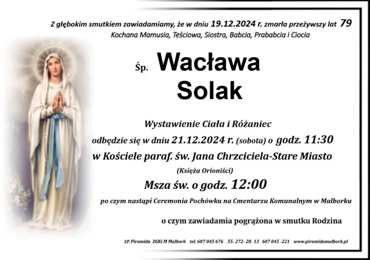 Zmarła Wacława Solak. Żyła 79 lat.