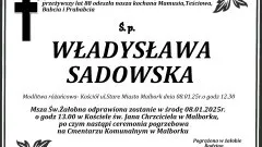 Zmarła Władysława Sadowska. Miała 88 lat.