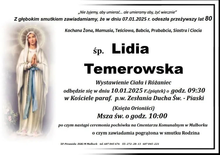 Zmarła Lidia Temerowska. Żyła 80 lat.