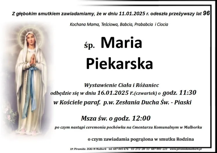 Zmarła Maria Piekarska. Miała 96 lat.