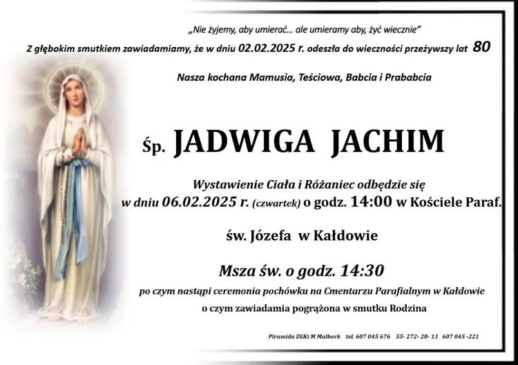 Zmarła Jadwiga Jachim. Miała 80 lat.