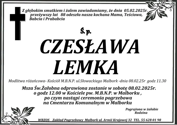 Zmarła Czesława Lemka. Miała 88 lat.