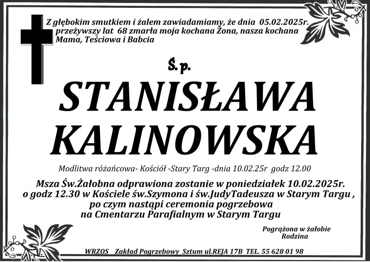 Zmarła Stanisława Kalinowska. Miała 68 lat.