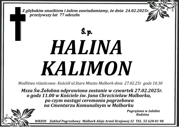 Zmarła Halina Kalimon. Miała 77 lat.