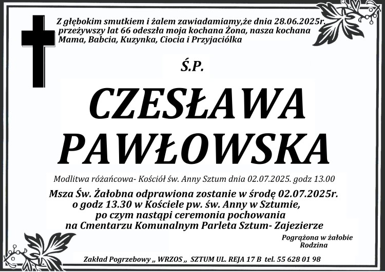 Zmarła Czesława Pawłowska. Miała 66 lat.