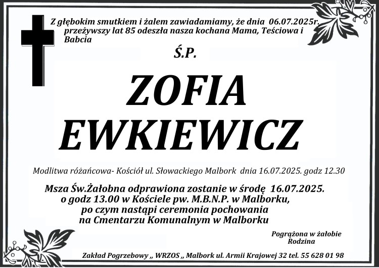 Zmarła Zofia Ewkiewicz. Miała 85 lat.