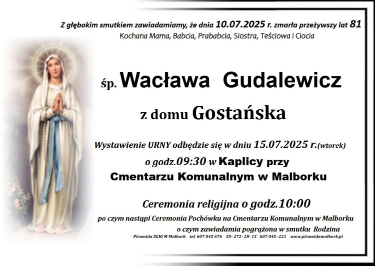 Zmarła Wacława Gudalewicz. Miała 81 lat.