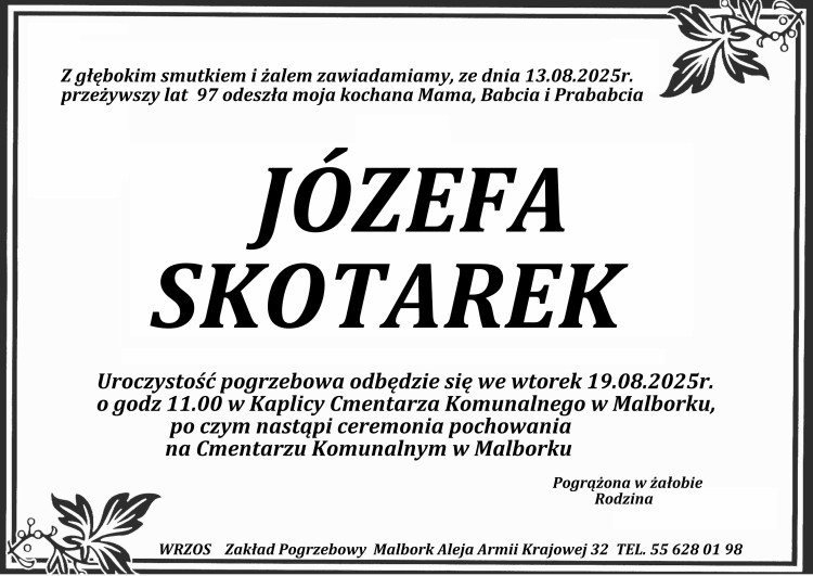 Zmarła Józefa Skotarek. Miała 97 lat.